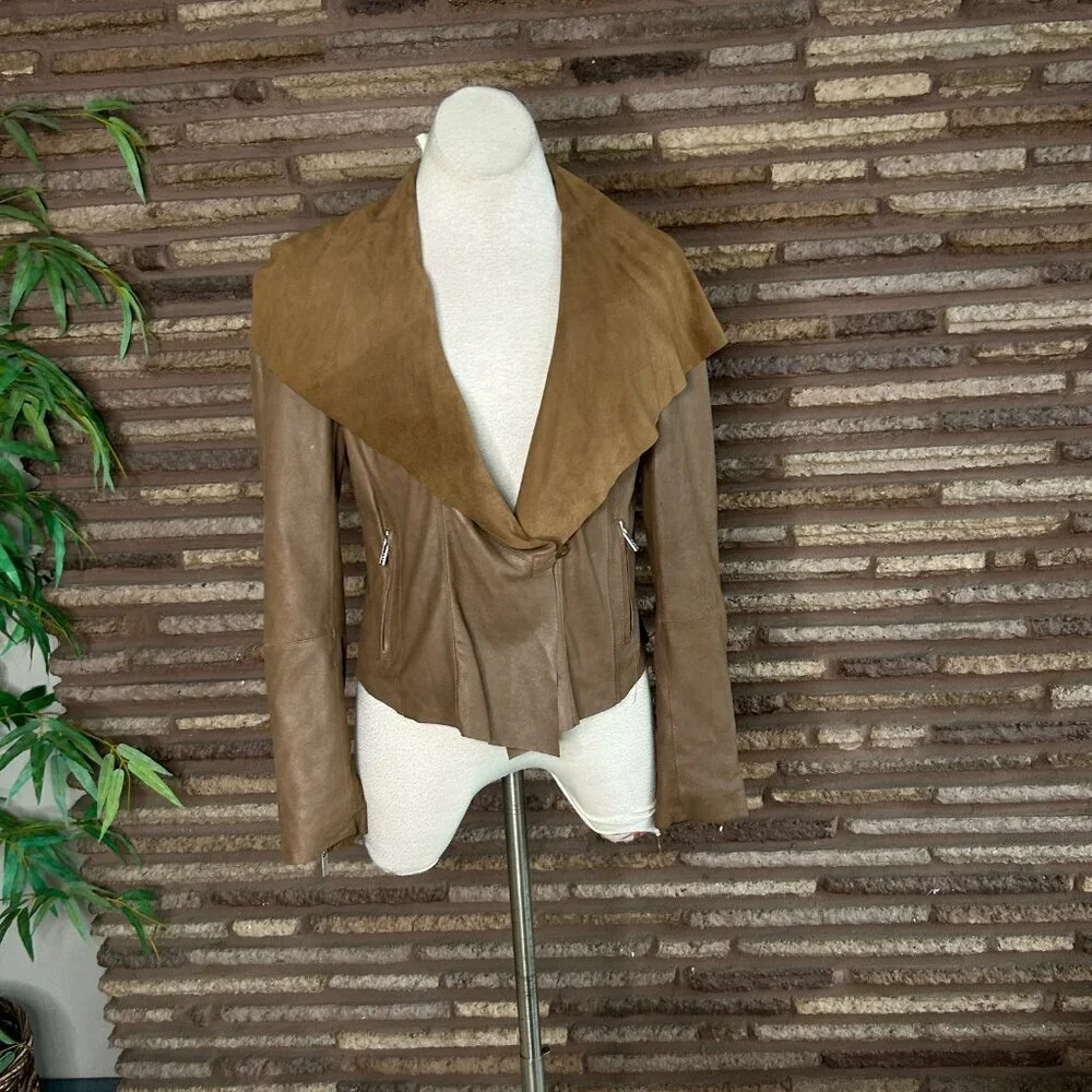 Kors Michael Kors Brown Leather Jacket Suede Moto Waterfall Y2K Designer Medium